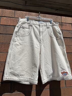 Y2K JNCO Jeans 217 King Vintage Crown Beige Cream Carpenter Shorts Jorts Empyre